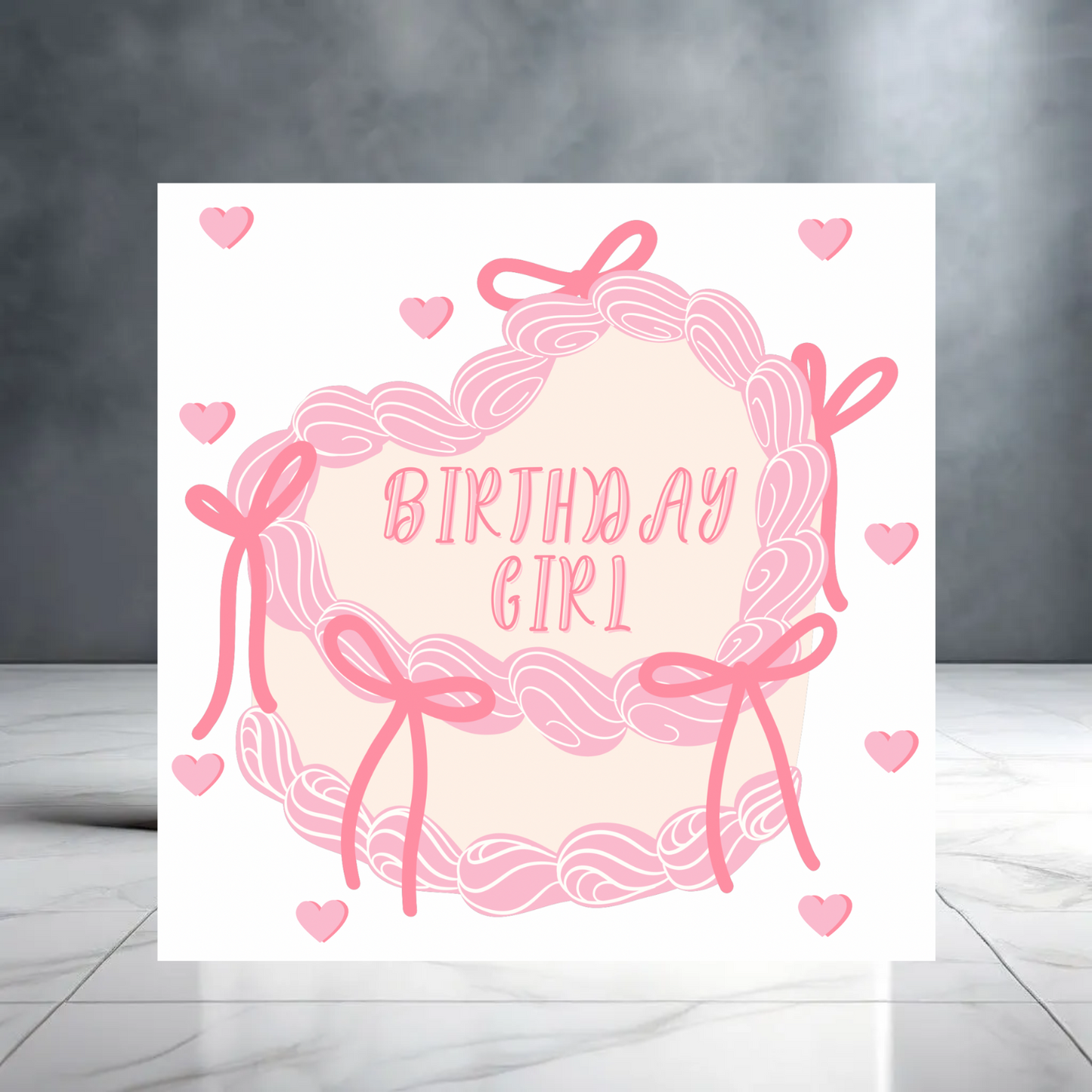 Pretty "Birthday Girl" Birthday Card with Hearts and Bows - Girly Card for Her