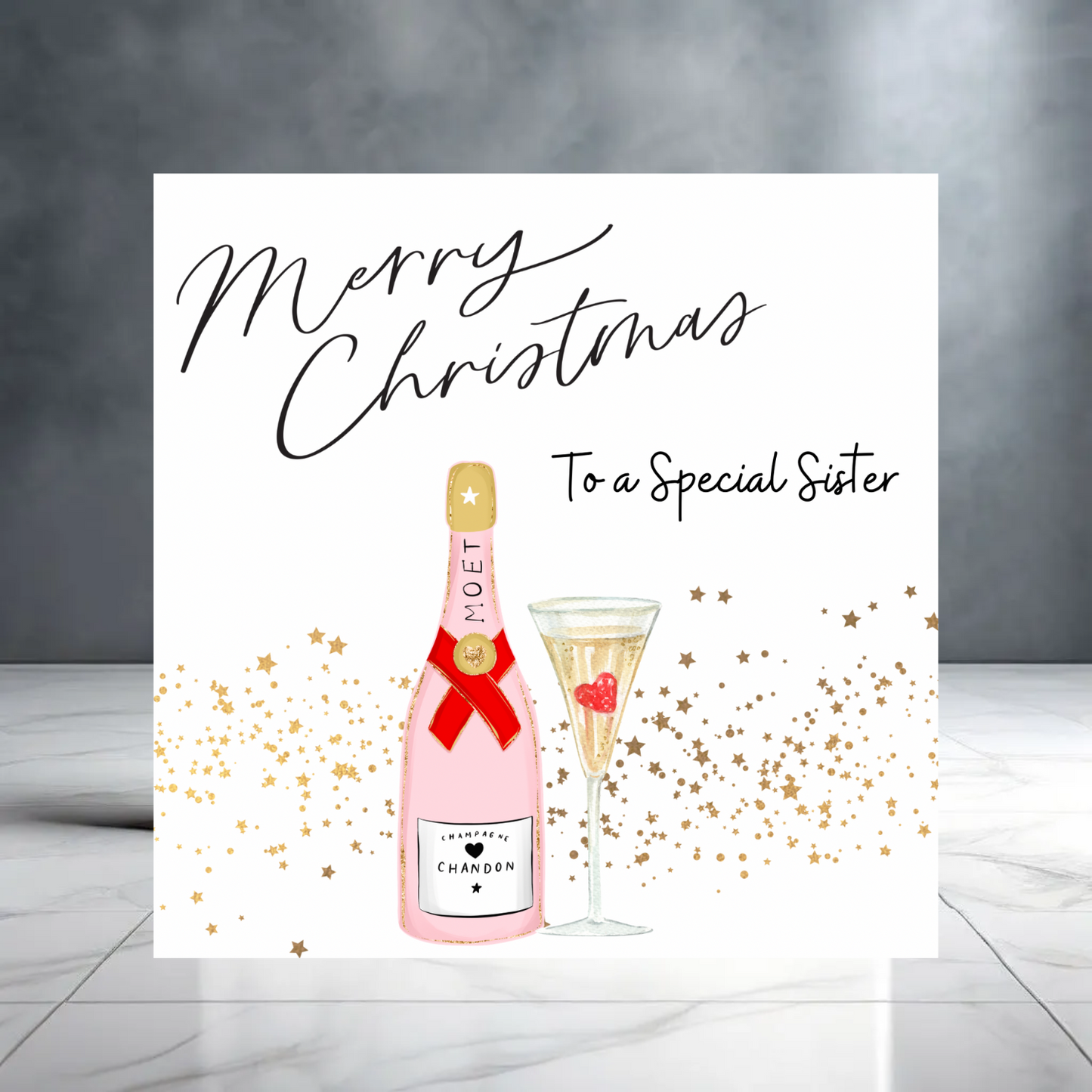 Merry Christmas To a Special Sister - Christmas Greeting Card with Pink Champagne Cocktails and Hearts