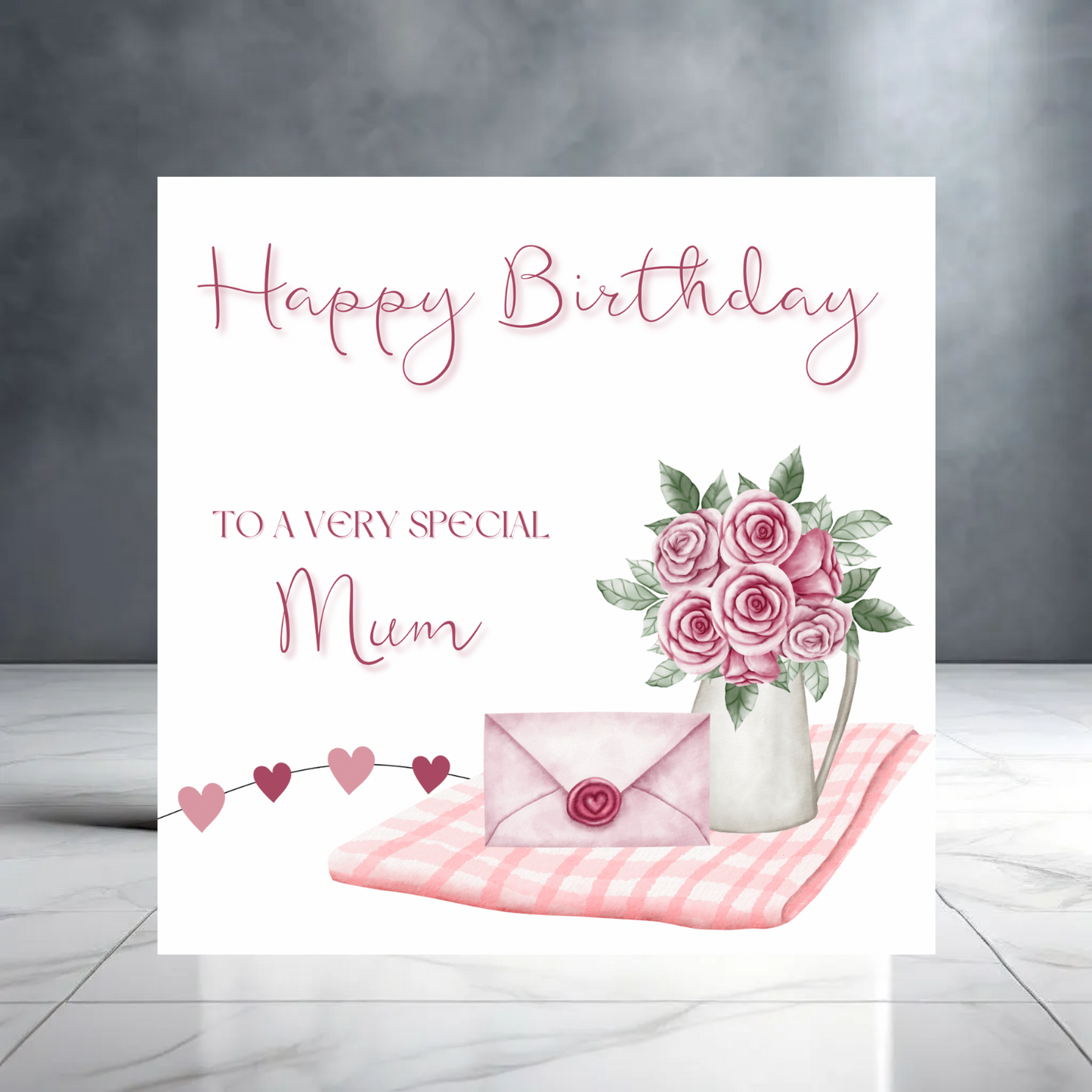 Pink Happy Birthday to a very Special Mum Card with Envelope, Flower Bouquet & Picnic Blanket