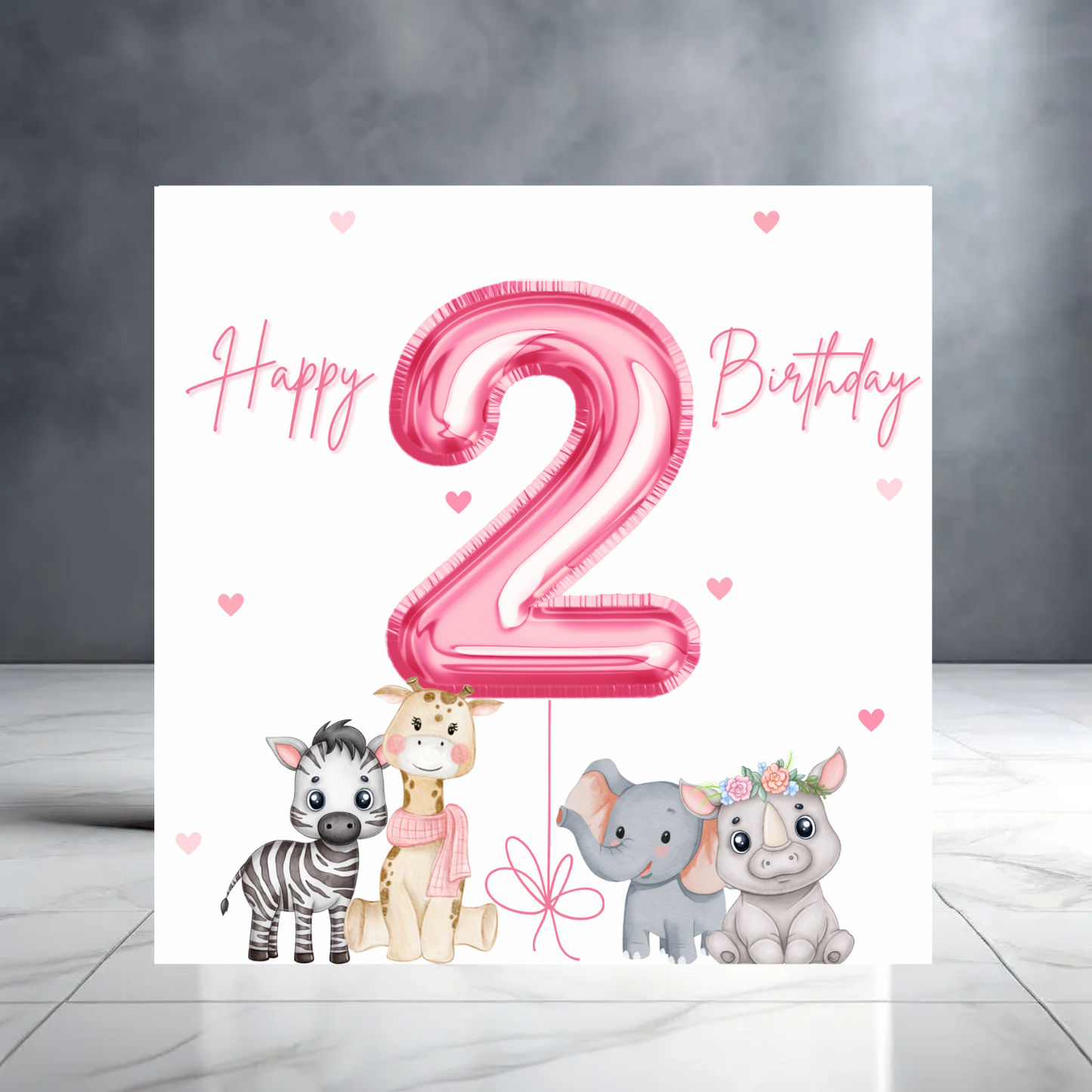 2nd Birthday Card with Balloons, Animals and Stars - Two Year Old - pink Design for daughter, granddaughter - High-Quality, Greeting Card