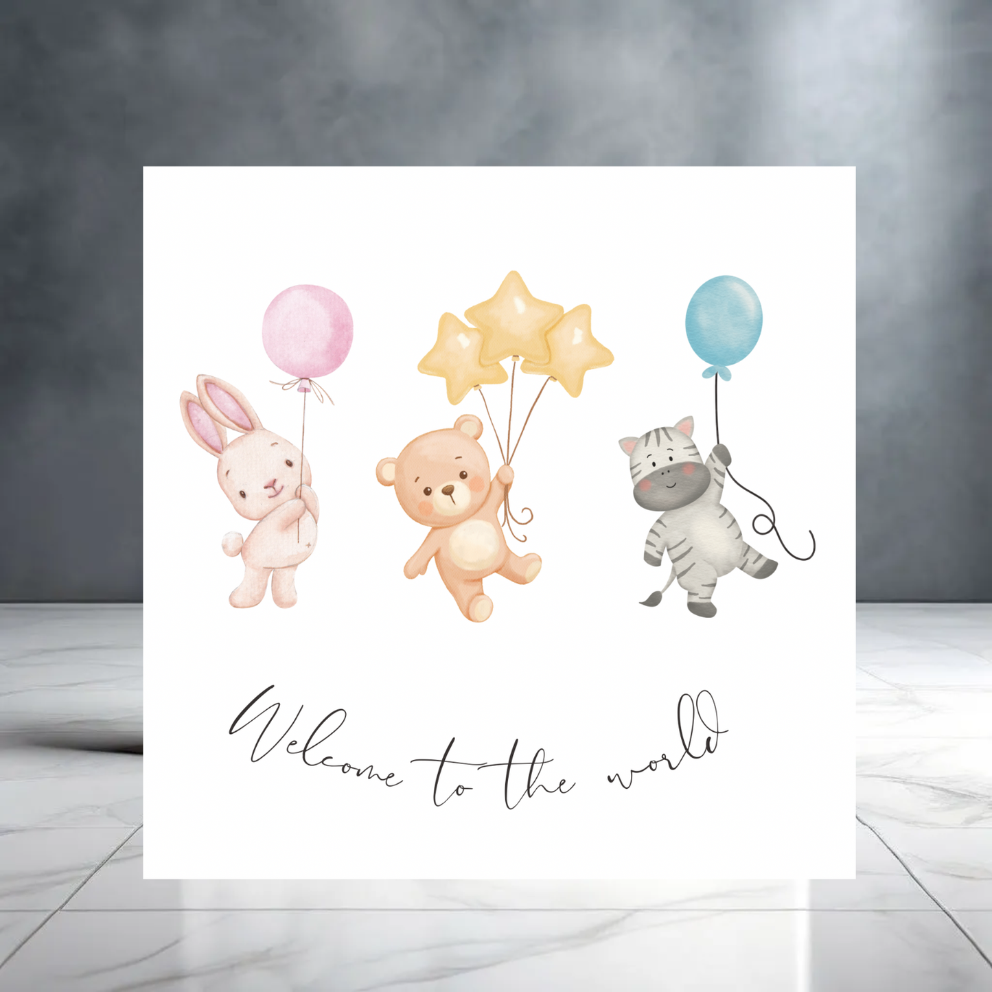 Welcome to the World Baby Card – Newborn Greeting with Teddy Bear, Rabbit and Zebra with Balloons – Baby Shower or Birth Gift