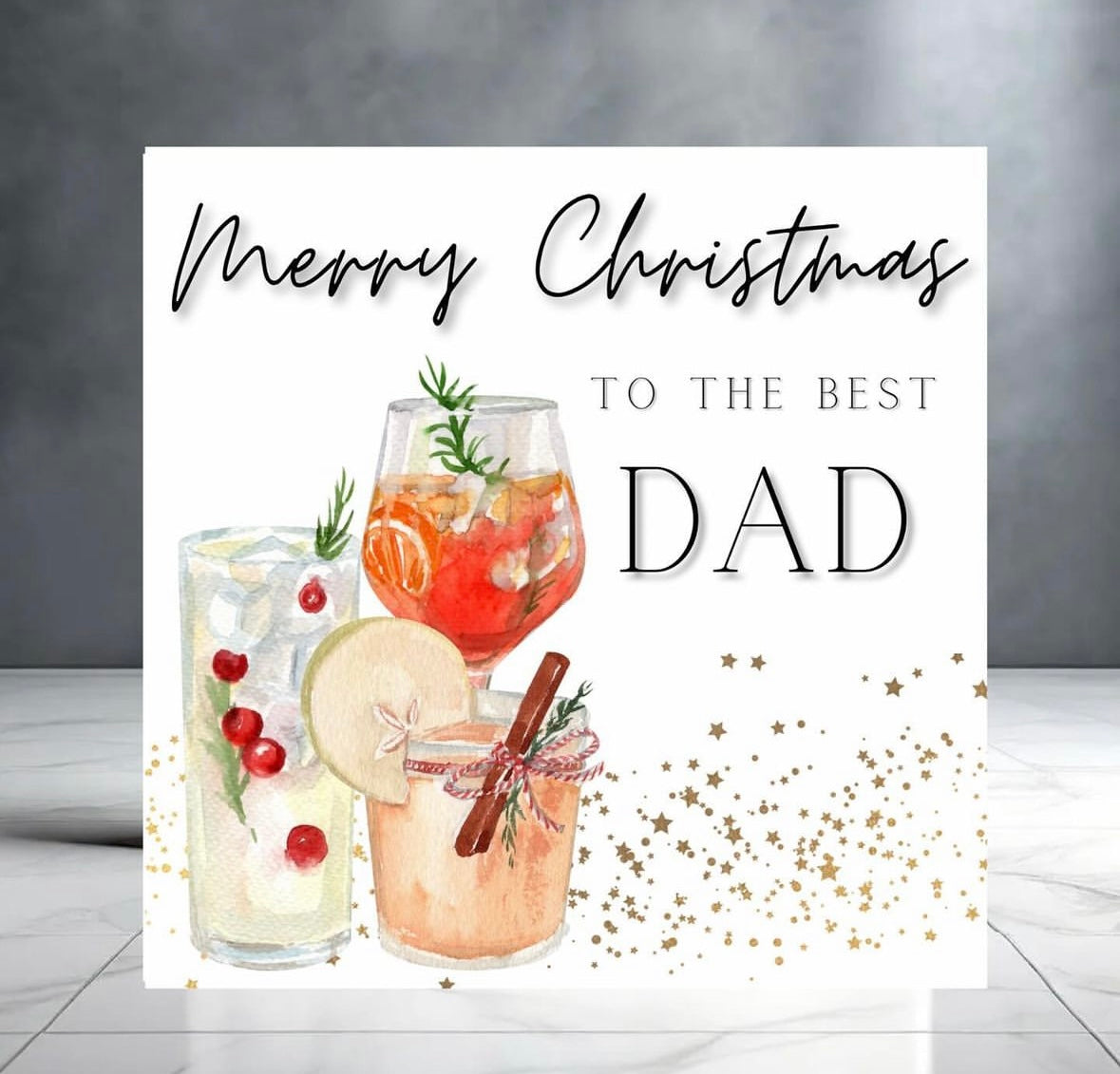 Merry Christmas to the Best Dad Cocktail Card - Christmas Greeting Card with Champagne Cocktails and Stars