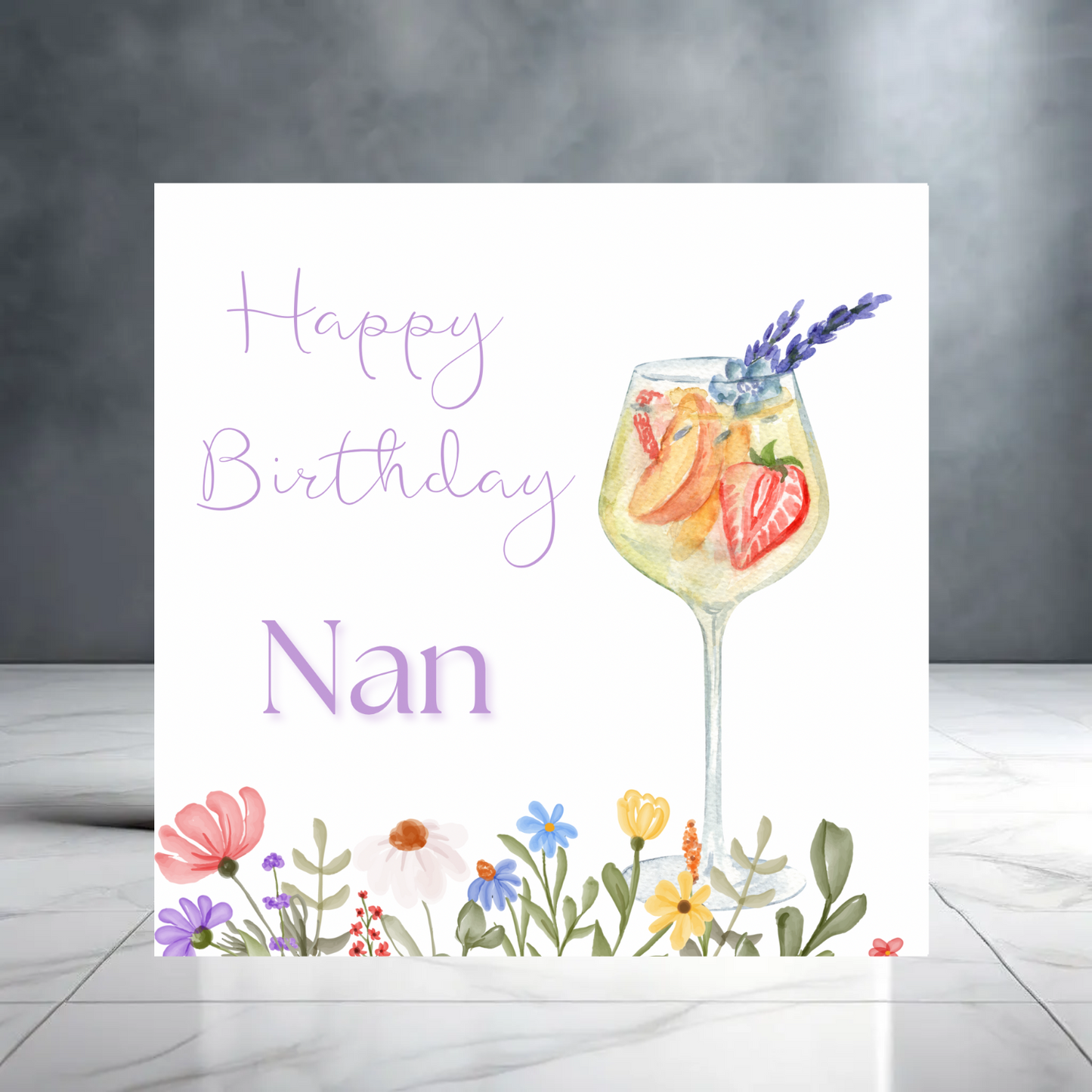 Purple Floral Cocktail Happy Birthday Nan Card - Birthday Card For Her