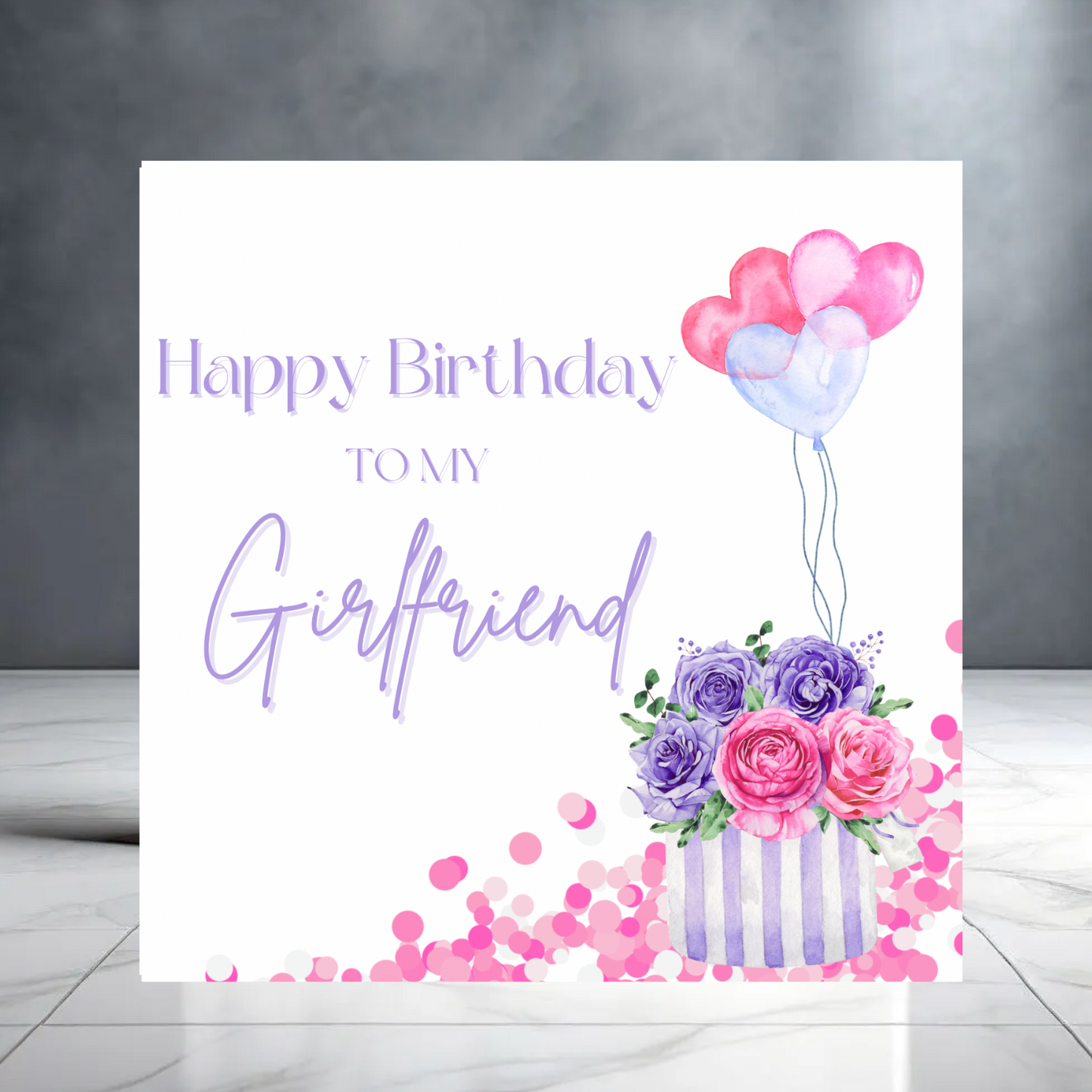 Happy Birthday to My Girlfriend - Purple Birthday Card for Her with Balloons and Flowers