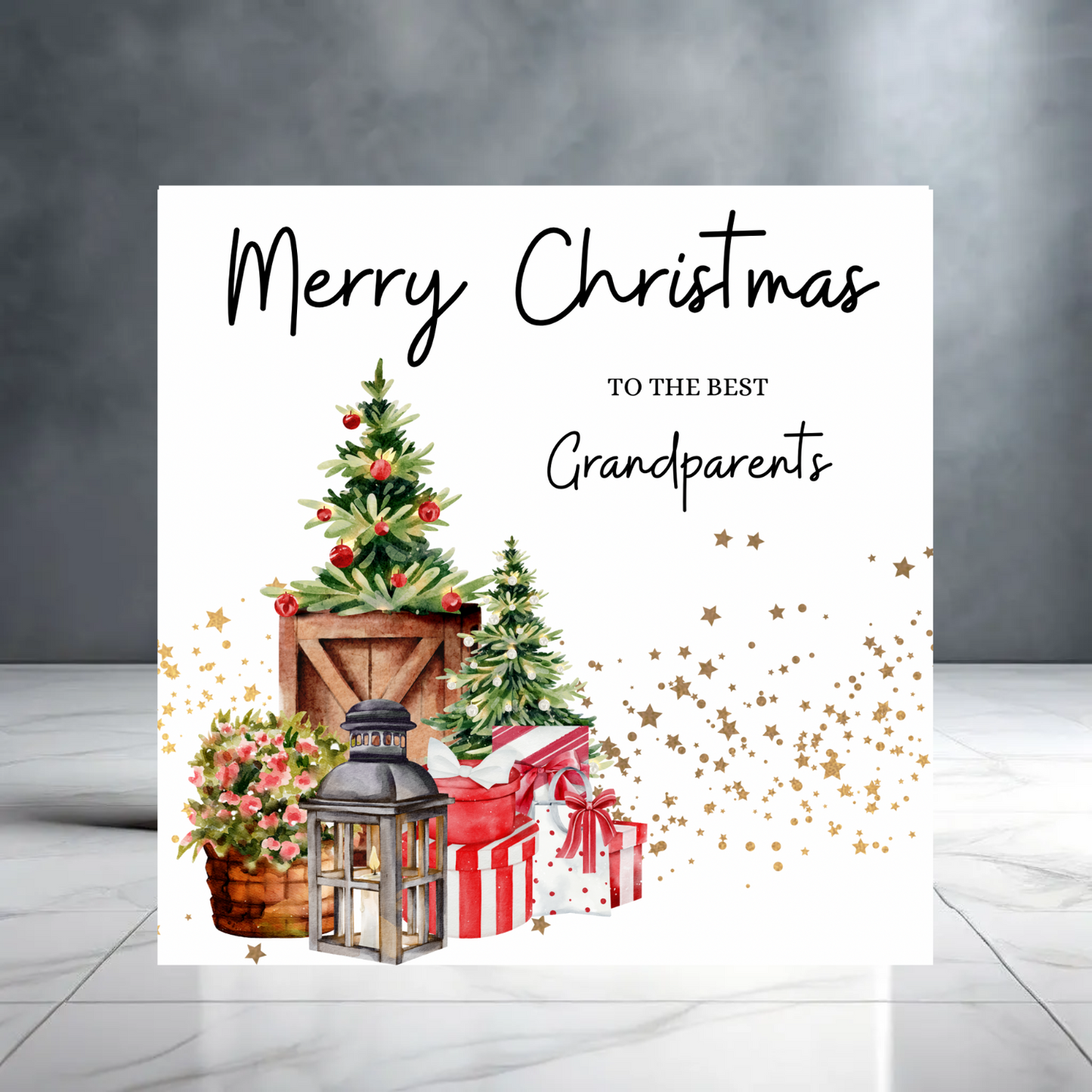 Merry Christmas to the best Grandparents - Christmas Greeting Card with Tree, Presents and Stars