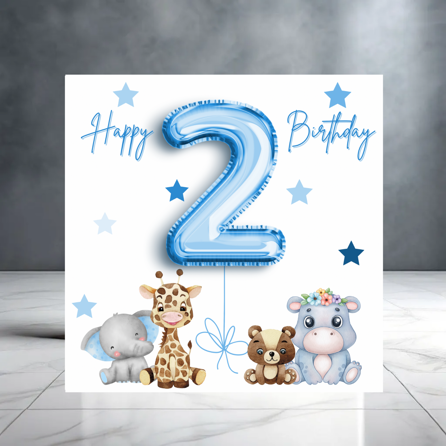 2nd Birthday Card with Balloons, Animals and Stars - Two Year Old - Blue Design for Son, Grandson, or Nephew - High-Quality, Greeting Card