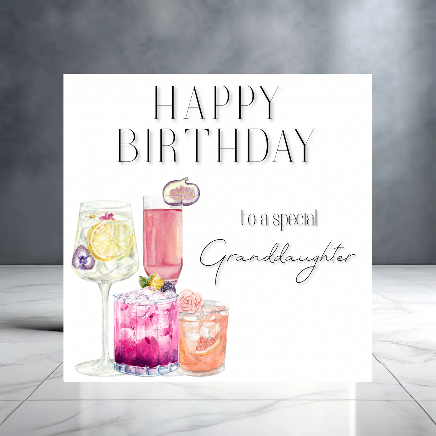 Elegant Birthday Card for Granddaughter – Cocktail Design, Stylish Feminine Birthday Greeting, Watercolor Drinks Card