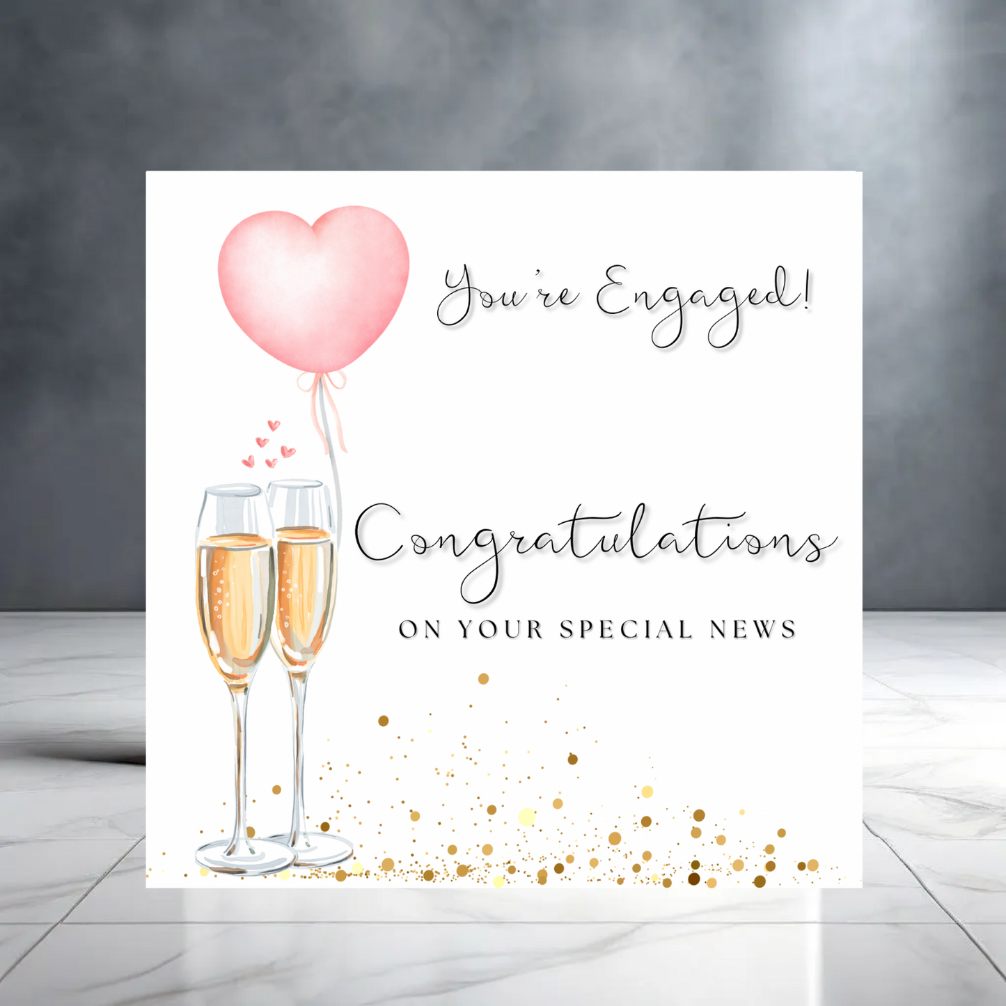 You’re Engaged! Congratulations on Your Special News Engagement Greeting Card With Champagne Cheers and Heart Balloons and Stars
