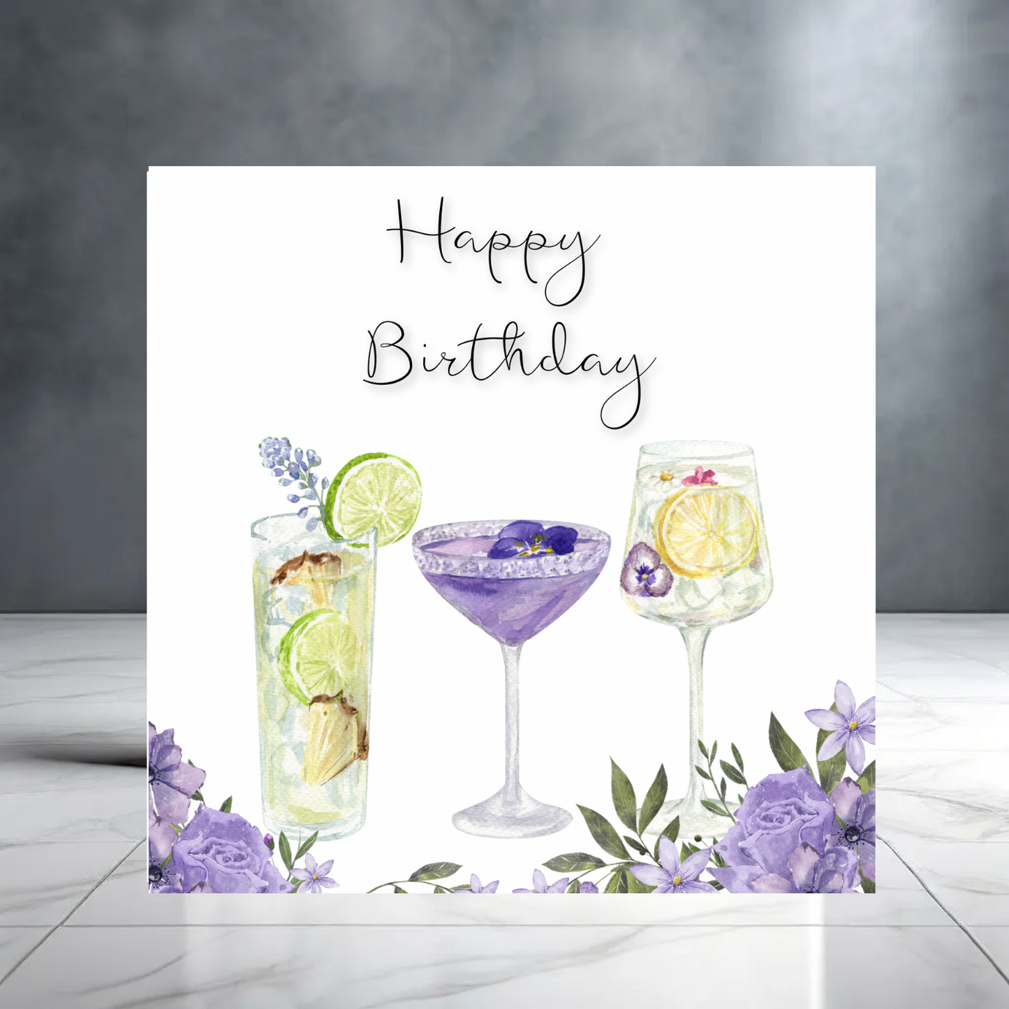 Purple Girly Happy Birthday  Greeting Card for her with Cocktails and Flowers - Martini - Gin