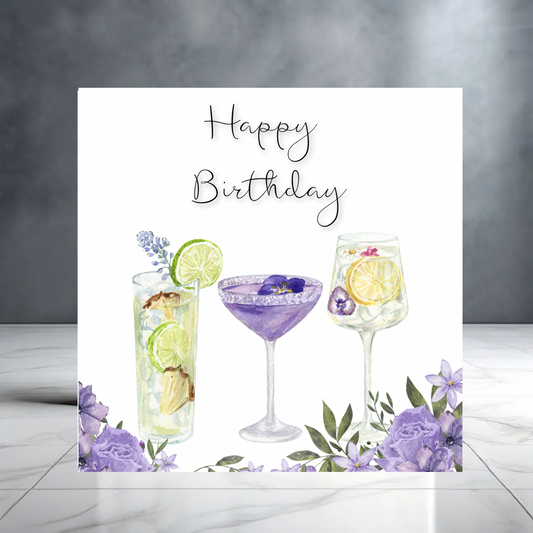 Purple Girly Happy Birthday  Greeting Card for her with Cocktails and Flowers - Martini - Gin