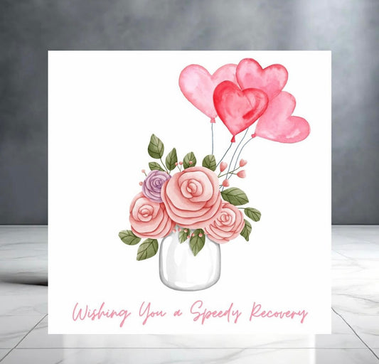 Wishing you a Speedy Recovery Greeting Card with Pink Flowers and Heart Balloons for Her - Recovering - Operation - Get Well Soon