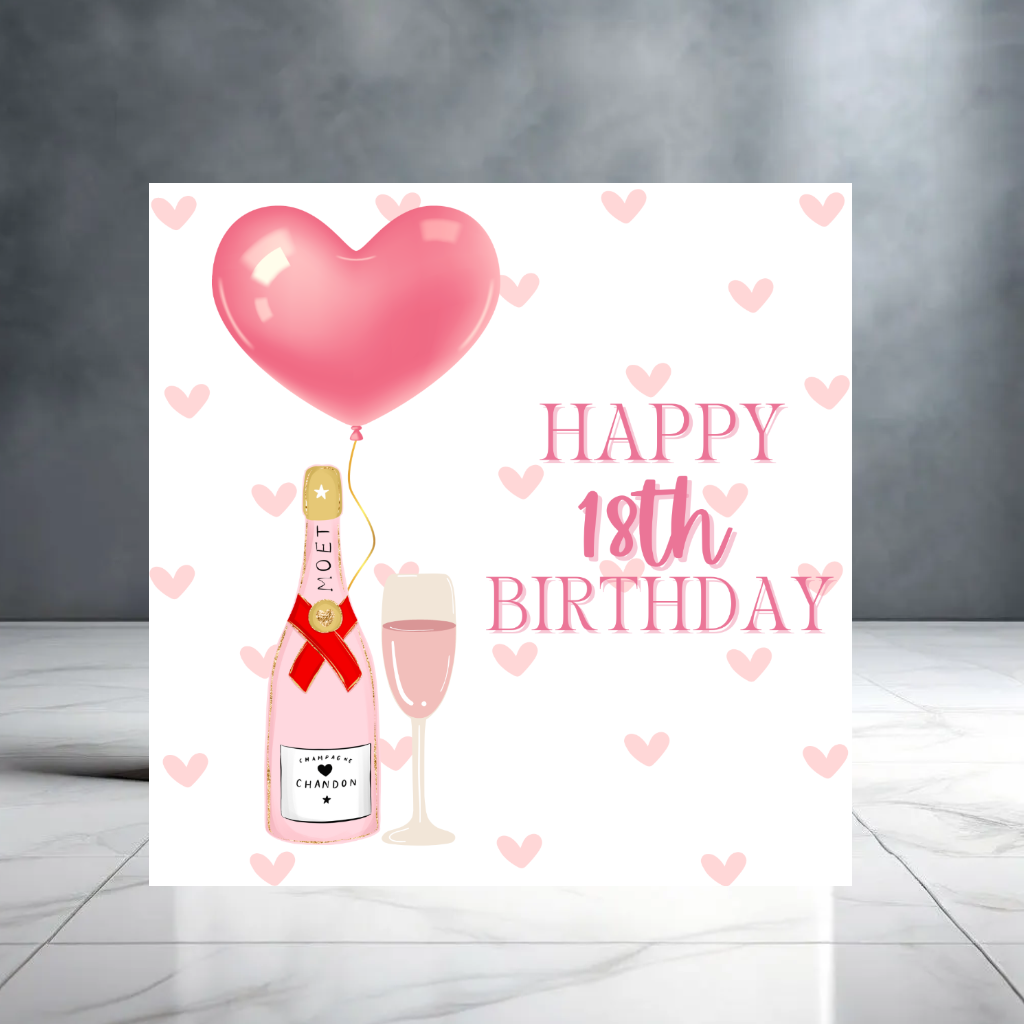 Pink Happy 18th Birthday Card for Her with Champagne Bottle and Flute - Heart Balloon