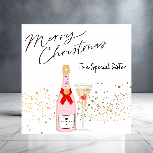 Merry Christmas To a Special Sister  - Christmas Greeting Card with Pink Champagne Cocktails and Hearts