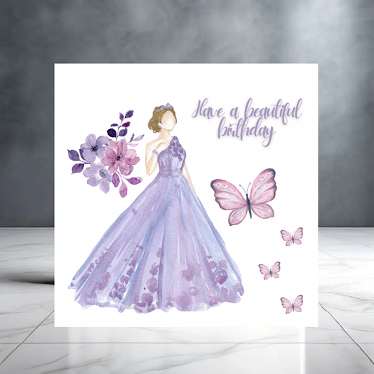 Purple Have a Beautiful Birthday Greeting Card with Princess, Flowers and Butterflies