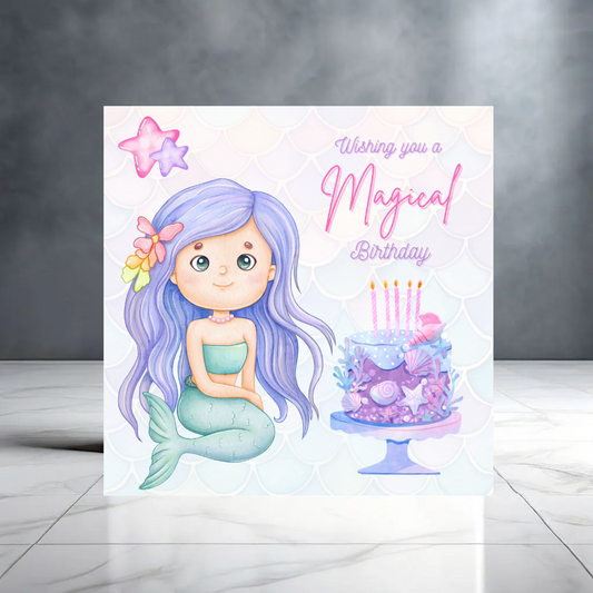 Purple Mermaid Birthday Card with Cake and Stars for Her - Wishing You a Magical Birthday - Birthday Card for Girl