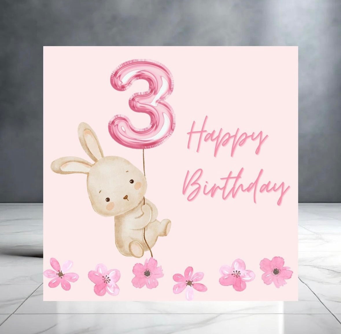 Pink Happy 3rd Birthday Card with Animals and balloon - Birthday Card for Child - Baby Girl - Third