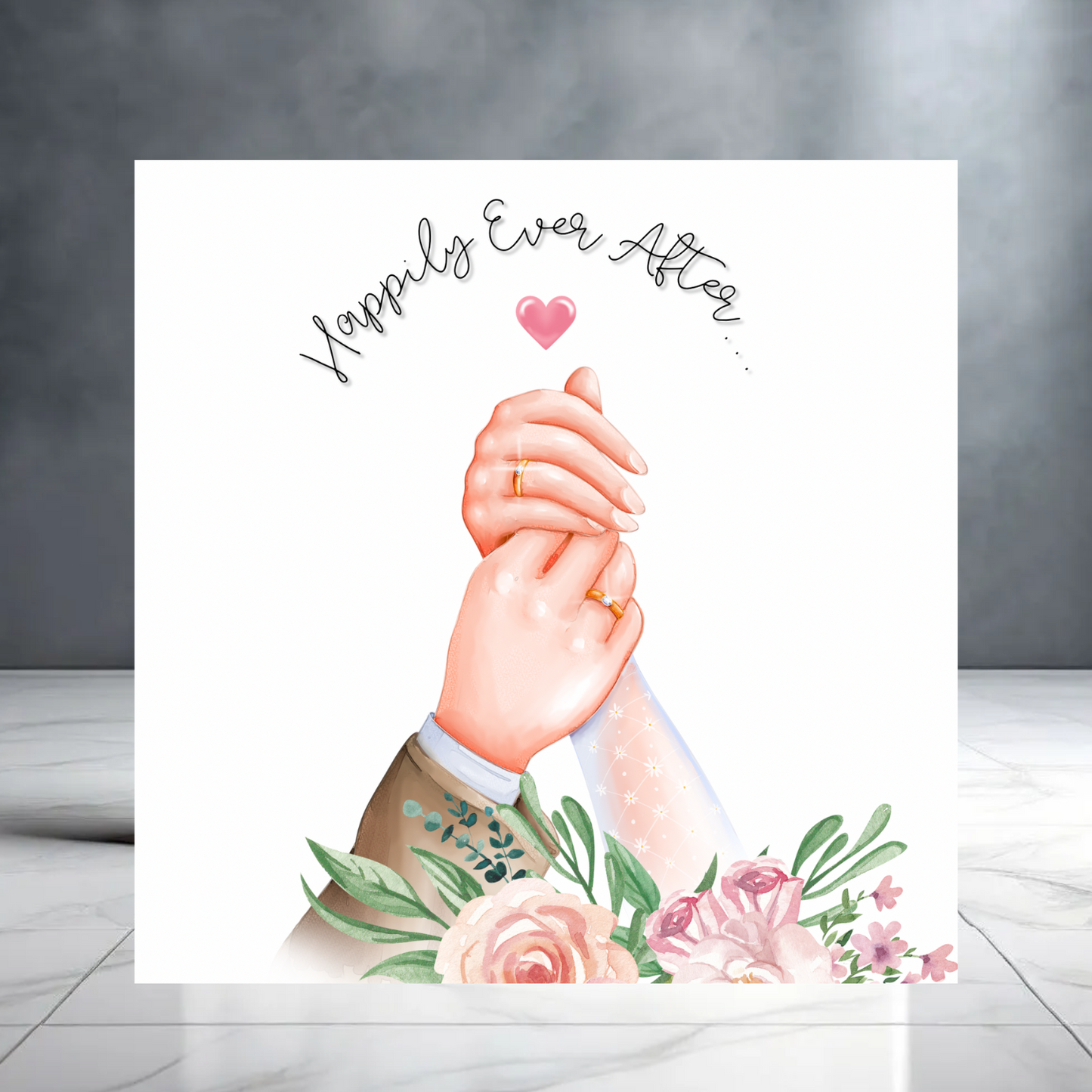 Happily Ever After Wedding Greeting Card for Couple with Flowers and Wedding Rings