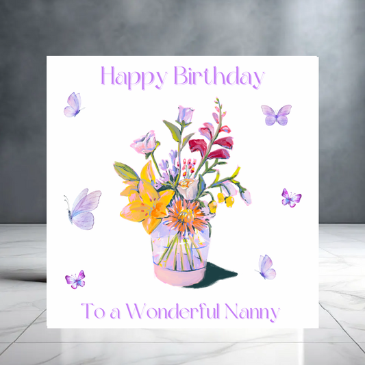 Purple Floral To a Wonderful Nanny Birthday Card - Birthday Card For Her with Flowers and Butterflies - Nan