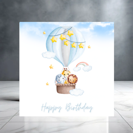 Blue Hot Air Balloon & Animal Birthday Card for Child  Boy / Girl