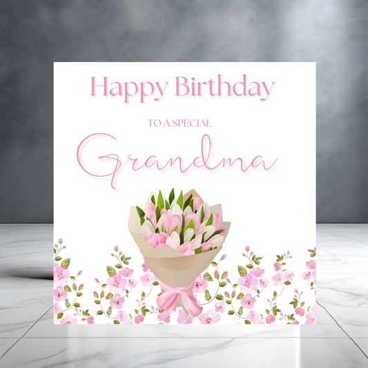 Pink Floral Happy Birthday to a Special Grandma Birthday Card - Birthday Card For Her with Floral Bouquet - Grandparent