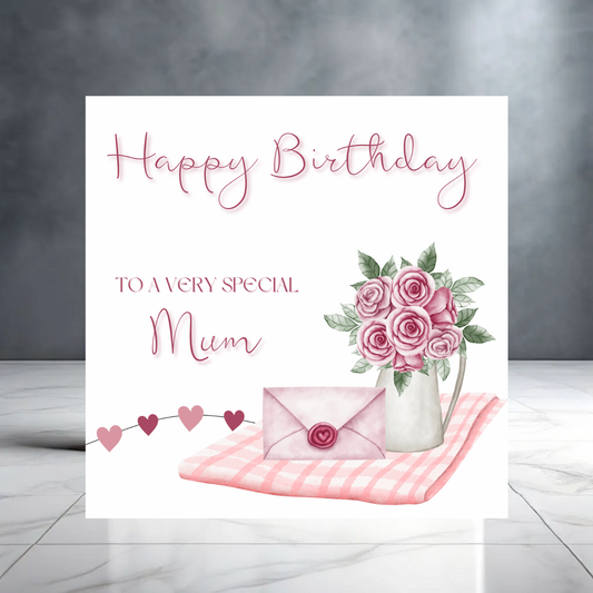 Pink Happy Birthday to a very Special Mum Card with Envelope, Flower Bouquet & Picnic Blanket