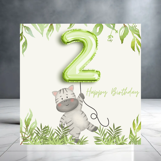 Green Happy 2nd Birthday Card with Animals and balloons - Birthday Card for Child - Baby Boy - Second