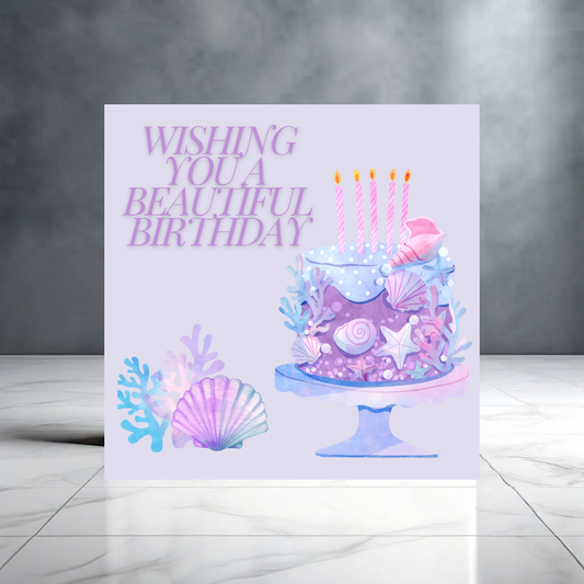 Purple Mermaid Birthday Card with Cake and Shells for Her - Wishing you a Beautiful Birthday - Birthday Card for Girl