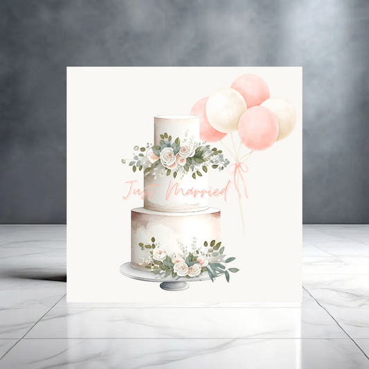 Just Married Wedding Card with Cake and Balloons - Wedding Guest Card