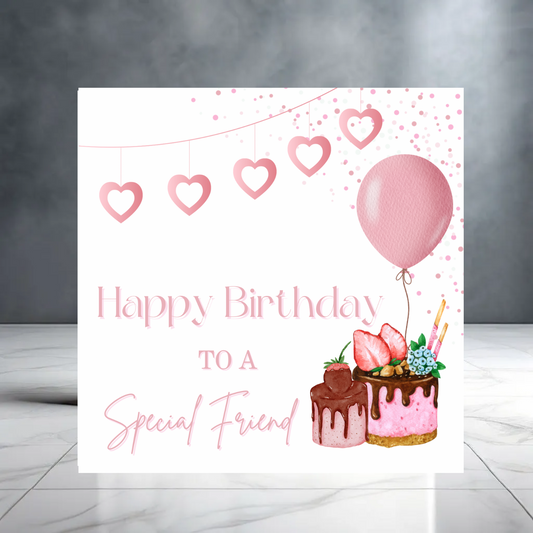 Happy Birthday to a Special Friend - Pretty Happy Birthday Card for Her with Balloon - Cake - Cheesecake - Hearts