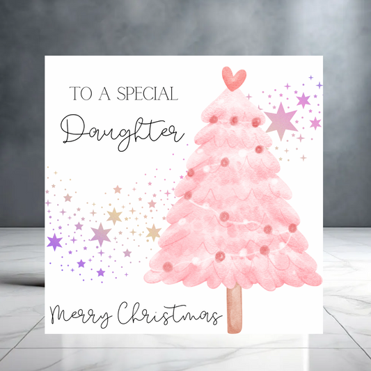 Pink Girly Merry Christmas to a Special Daughter Card with Christmas Tree and Stars