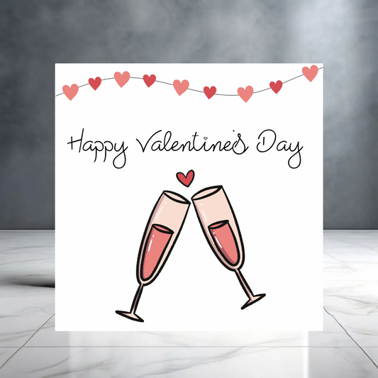 Happy Valentines Day Card with Champagne Cheers and Hearts - Boyfriend, Wife, Girlfriend, Partner, Husband, Fiance