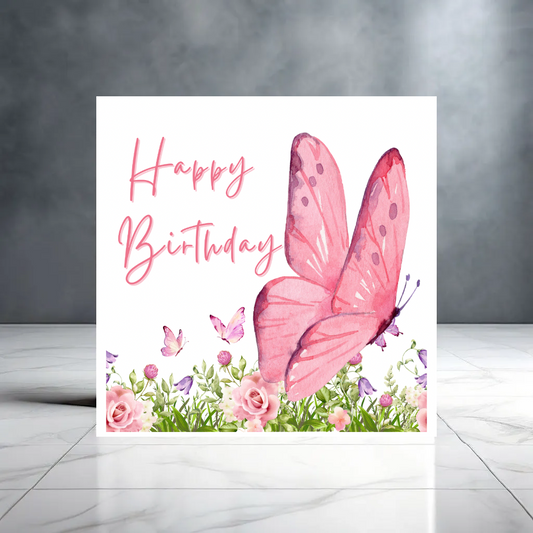 Butterfly Happy Birthday Card for Her - Pink Butterfly with Flowers - Girly Birthday Card