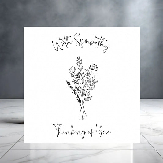 Sympathy Card – “Thinking of You” – Grief and Condolence – Simple Black and White Floral Design