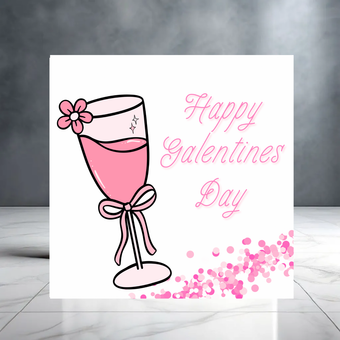 Pink Girly Happy Galentines Day Card with Cocktail, Bow & Flower