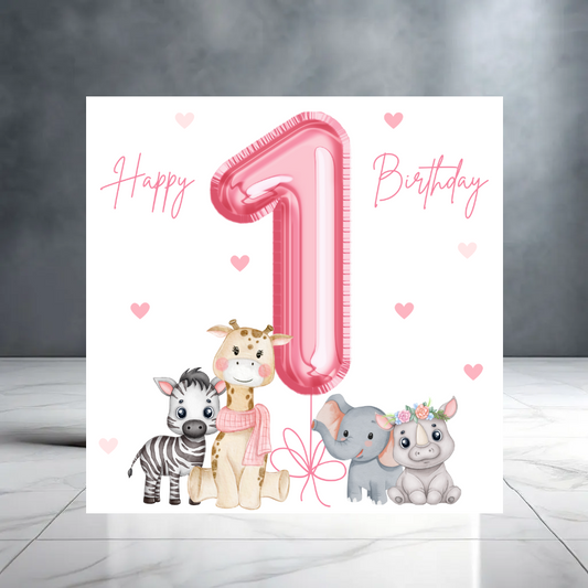 Pink 1st Birthday Card for Her with Animals and Hearts - Birthday Card for Child - One