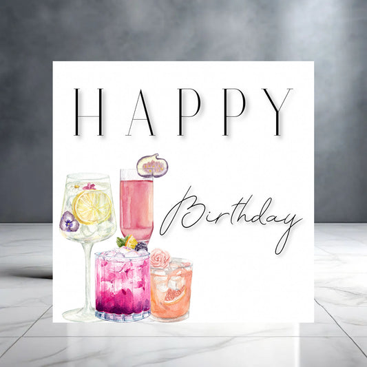 Colourful Happy Birthday Greeting Card for Her with Cocktails - Gin - Prosecco - champagne