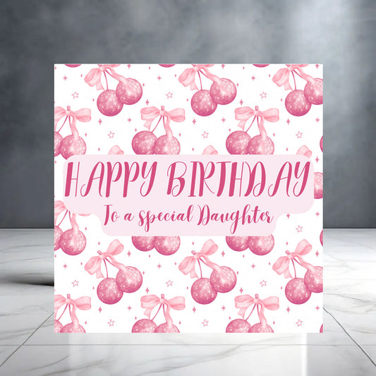 Happy Birthday to a Special Daughter  Card | Pink Cherries Disco Ball Birthday Card for Her | Fun Girly Greeting Card | Glam Birthday Card