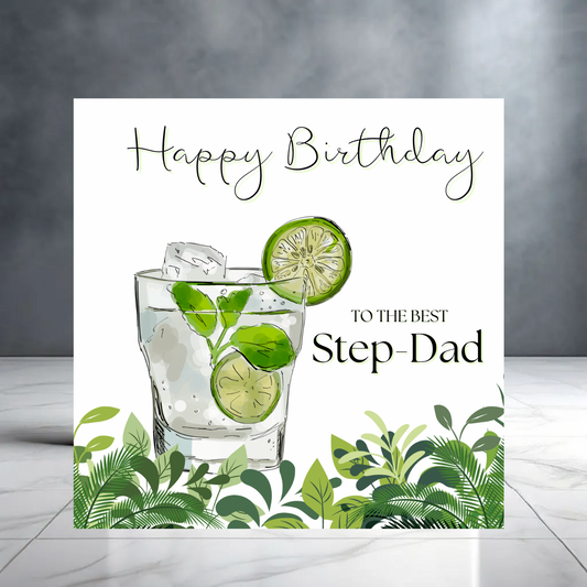 Green Happy Birthday to the best Step- Dad Card with Gin and Greenery - Birthday Card for Him - Alcohol