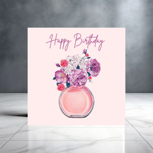 Pink Happy Birthday Greeting Card for Her with Floral Perfume Bottle