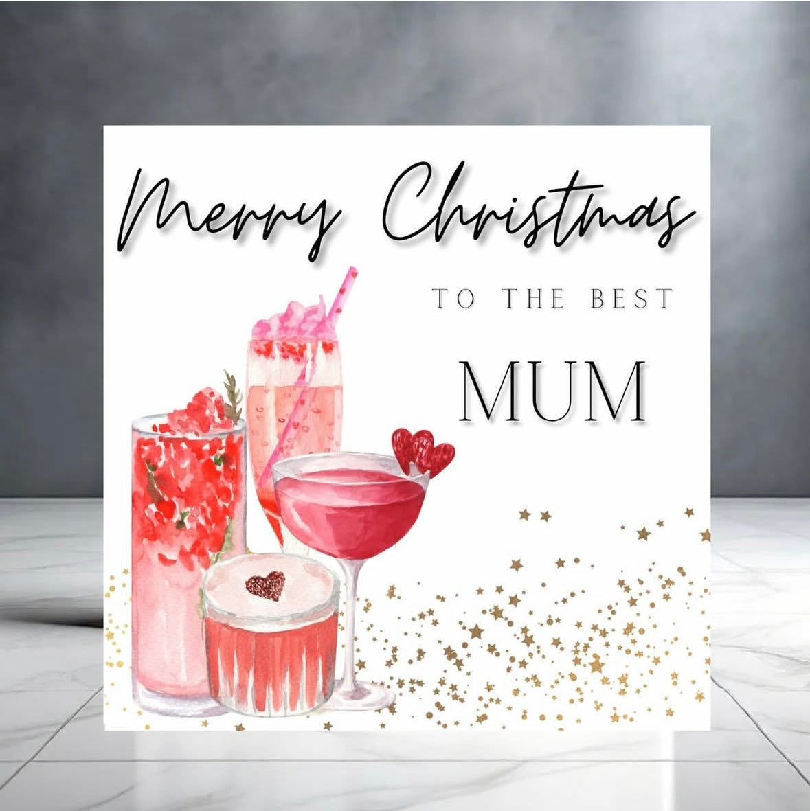 Merry Christmas to the Best Mum  - Christmas Greeting Card with Cocktails and Stars