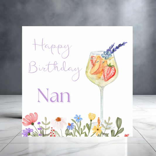 Purple Floral Cocktail Happy Birthday Nan Card - Birthday Card For Her