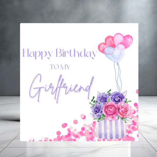 Happy Birthday to My Girlfriend - Purple Birthday Card for Her with Balloons and Flowers