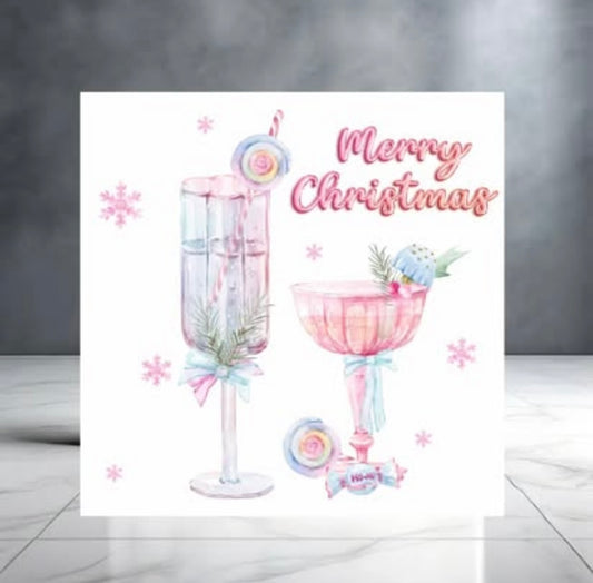 Pink Girly Merry Christmas Card for Her with Festive Cocktails and Snowflakes