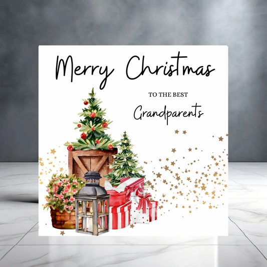 Merry Christmas to the best Grandparents  - Christmas Greeting Card with Tree, Presents and Stars