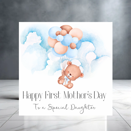 Happy First Mother’s Day to a Special Daughter - Mother’s Day Card with Teddy Bear and Clouds