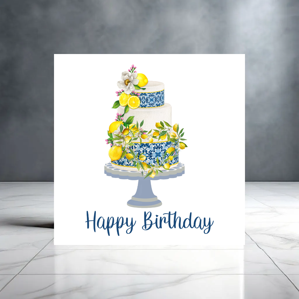 Happy Birthday Card For Her - Sicilian Theme - Lemons - Birthday Cake Card - Blue - Yellow