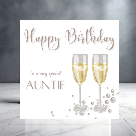 Happy Birthday to a Special Auntie Card with Pearls and Champagne