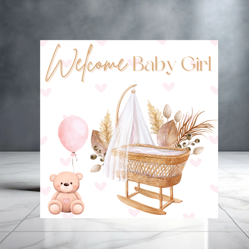 Neutral New Baby Girl Greeting Card with Pampas, Teddy Bear and Hearts