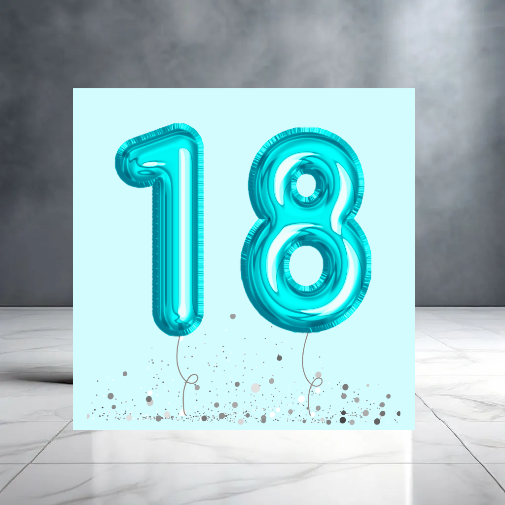 Blue 18th Birthday Card with Balloons and Confetti