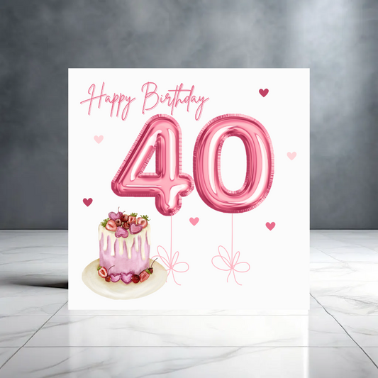 Pink 40th Birthday Card for Her - Cake - Balloons - Heart